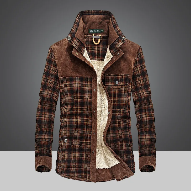 AFS JEEP 2018 New Snow Winter Men Military Fleece Shirt 100% Cotton Warm Male Plaid Long Sleeve Army Men's Dress Shirts Blouses