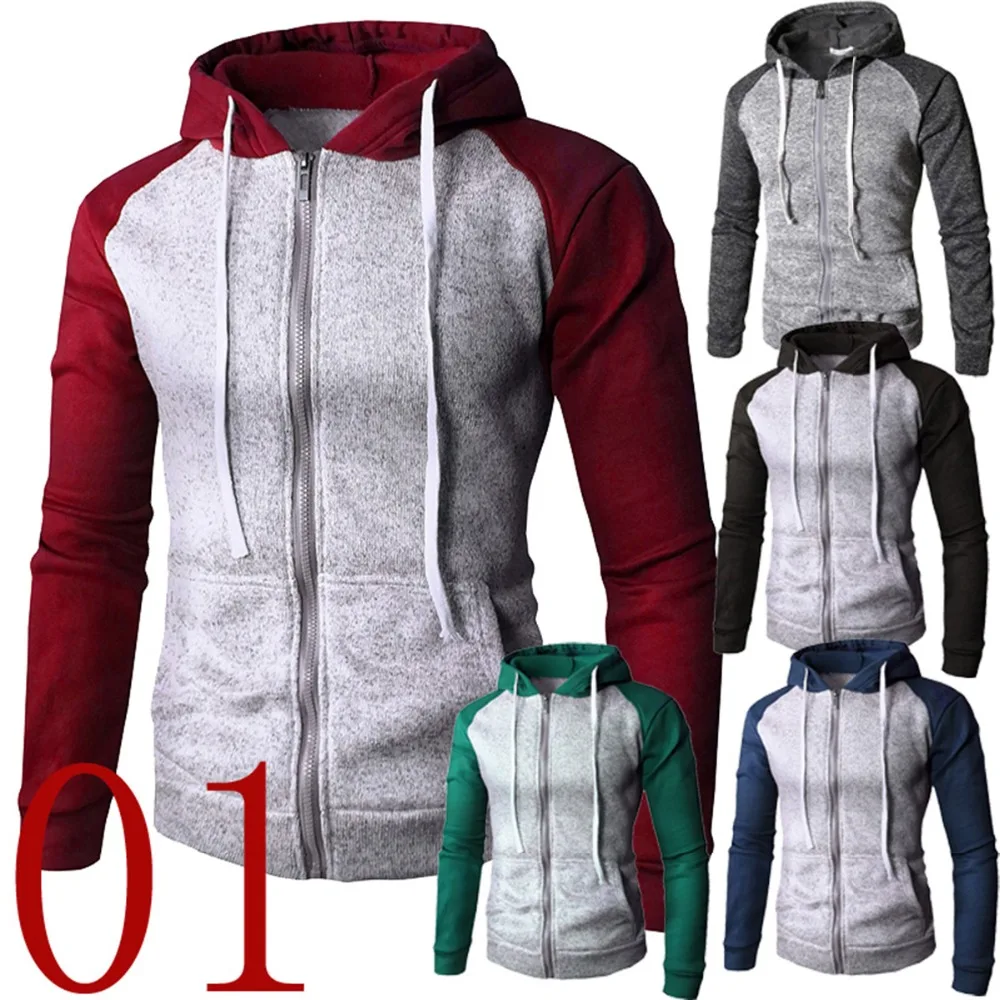 Men Autumn Spring Contrast Color Full Zip Hooded Hoodie