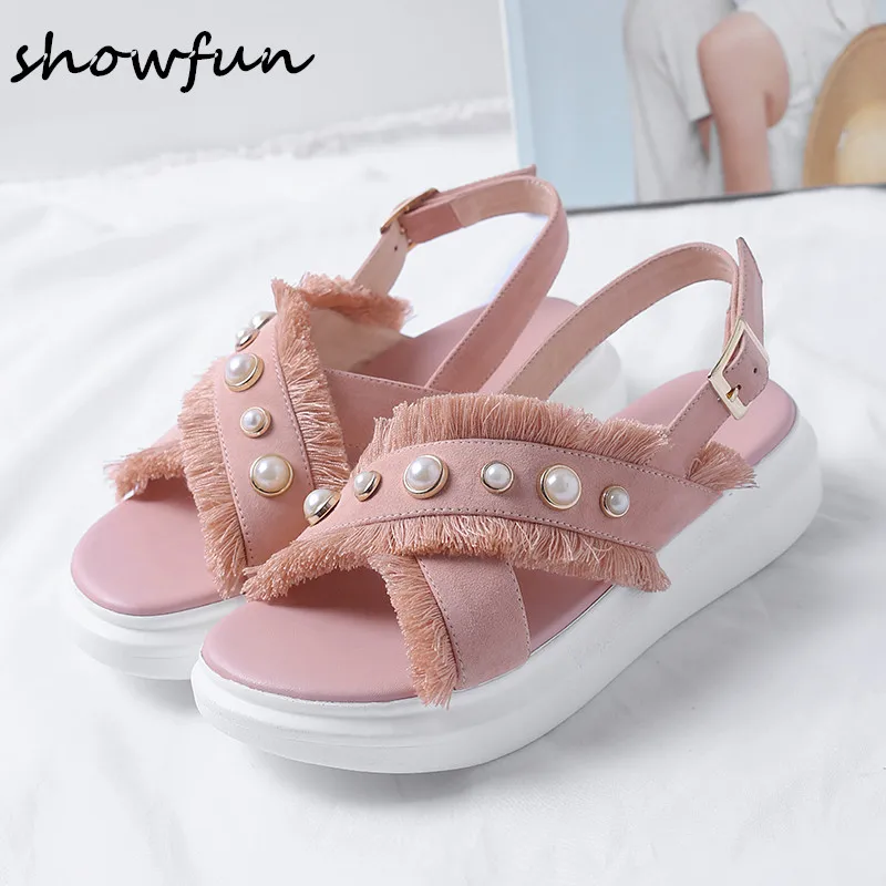 

Women's genuine suede leather cottom cloth patchwork beading fringe platform flats sandals brand designer leisure comfort shoes