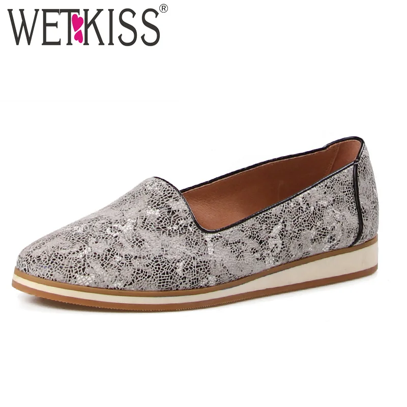 

WETKISS Printing Fashion Casual Women Flats Round Toe Genuine Leather Flat Sole Shoes Footwear Autumn Female Shoes Big Size 41