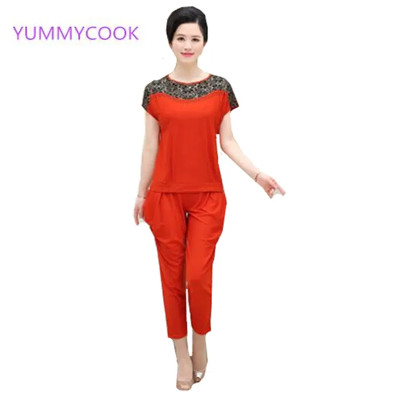 

Middle-aged elderly women short-sleeved summer suit Middle-aged Plus size mother t-shirt tops + Casual pants sportswear suit Y70