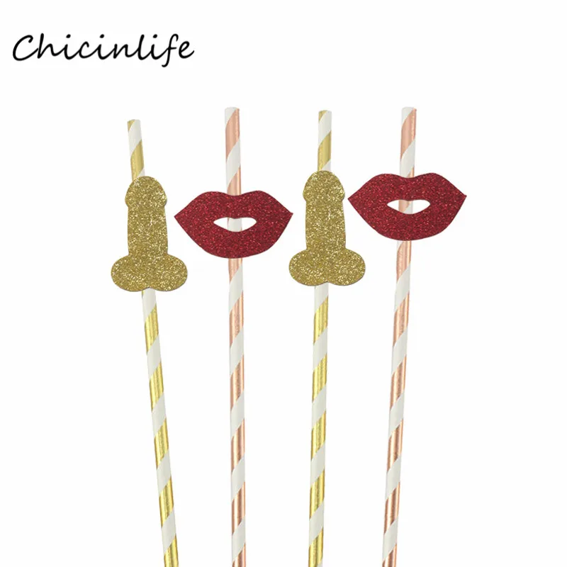 

Chicinlife 10pcs Gold Willy Red Lip With Paper Straws Wedding Bachelorette Party Decoration Bridal Shower Funny Drink Straws