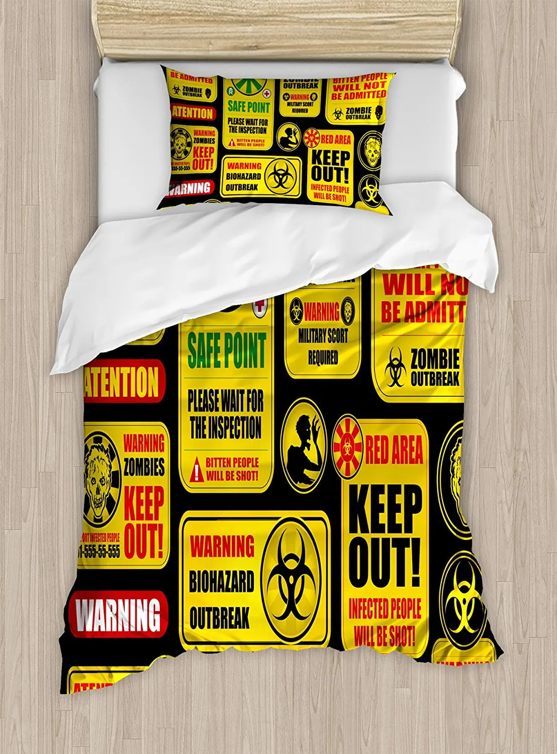 

Zombie Duvet Cover Set Apocalypse Signs Attention Danger Safe Point Evil Phrase Modern Image Print Bedding Set Yellow Grey Red