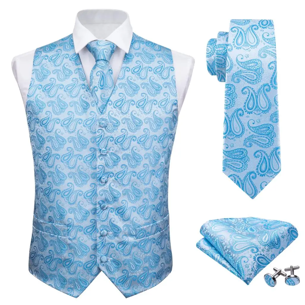 

Barry.Wang Designer Mens Fahsion Blue Paisley Jacquard Woven 100% Silk Waistcoat Vests Handkerchief Tie Vest Suit Cufflinks Set