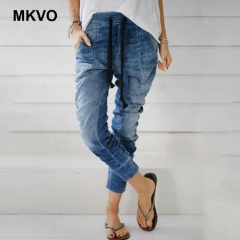 

Women's elastic straps high waist jeans trousers harem pants classic summer thin section skinny jeans woman plus size female 3XL