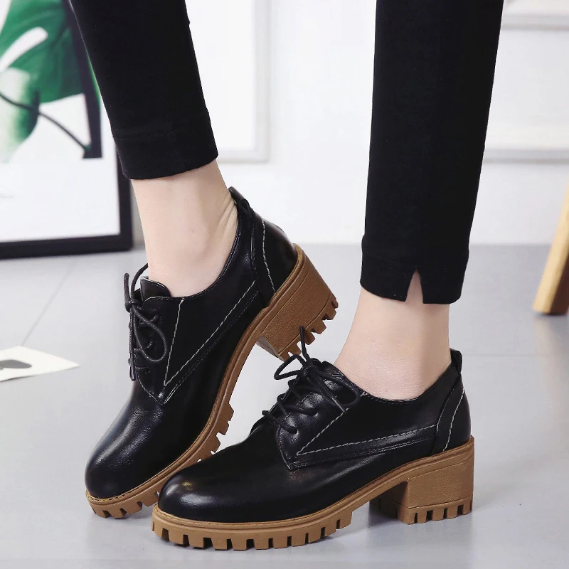 New Fashion Autumn Casual Shoes Woman Oxfords Pu Leather Lace Up Women Shoes Female Plus Size High Heels Platform Ladies Shoes