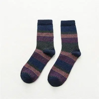 Зимние мужские плотные теплые носки, полосатые носки, повседневные шерстяные носки в винтажном этническом стиле, деловые мужские носки, Calcetines Hombre - Цвет: XFG Navy