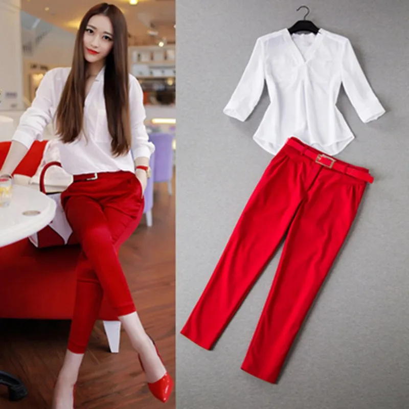 

2019 Spring Summer Women 2 Pieces Set Blouse Shirt Suit Pockets Pencil Pants Ol Office Lady Working Slim Women Sets