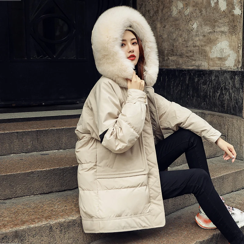 Down Jacket Natural Fox Fur Collar Winter Jacket Women Loose long Down Coat White Duck Down Jacket Thick Warm Down Parka