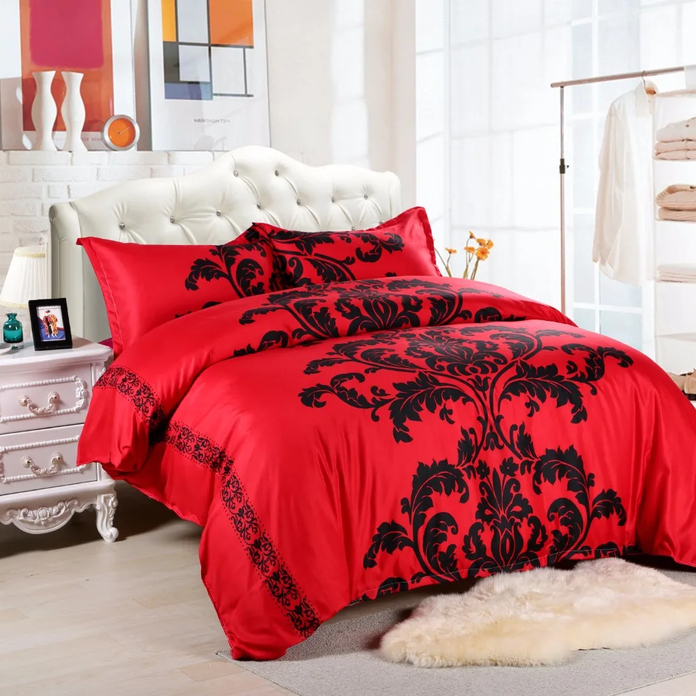 European Style Red&Black Printing Bedding Sets 3pcs Queen 228x228cm