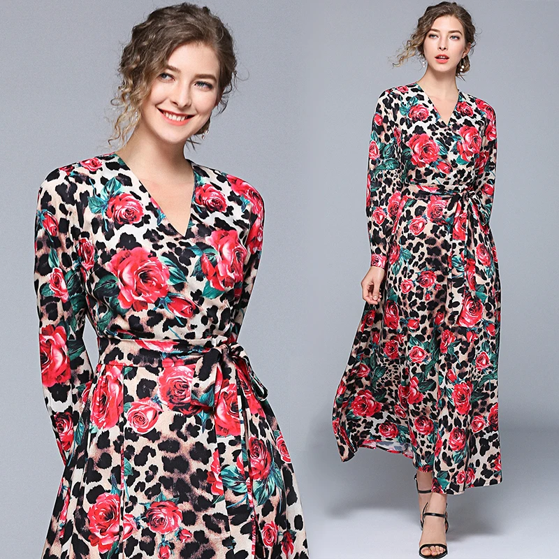 

2019 new fashion Runway Long Sleeve Maxi Dresses Women's Elegant Party Rose Floral Leopard Print Long Dress Holiday Dress