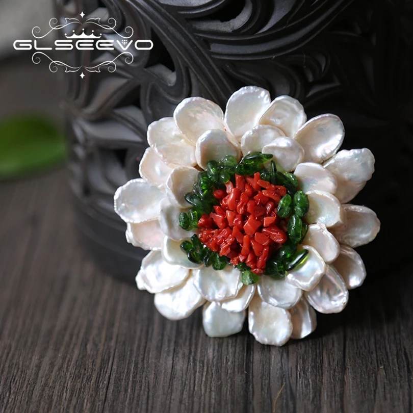 GLSEEVO Natural Fresh Water Baroque Pearl Flower Brooch Pin Peridot Coral Brooches For Women Dual Use Luxury Fine Jewelry GO0181 | Украшения
