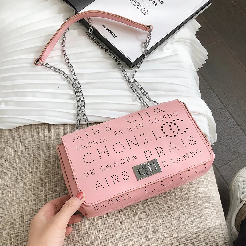 

Women Small Square Black Bag Letters Hollow Out Chain Lock Hasp 2019 New Net Red Composite Shoulder Messenger Fashion Luxuty Pu