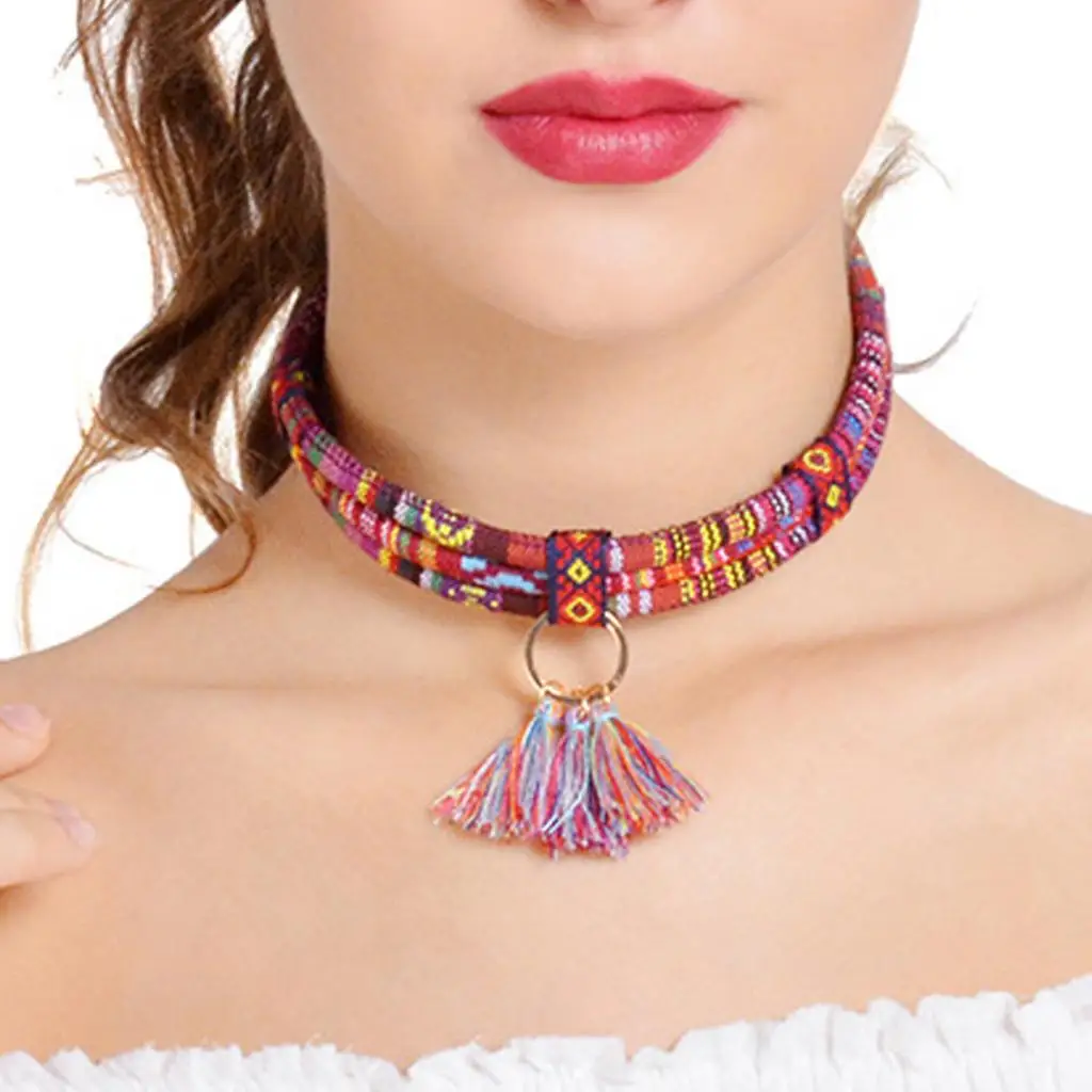 Boho Ethnic Braided Rope Wrap Choker Multicolor Collar Necklace Women