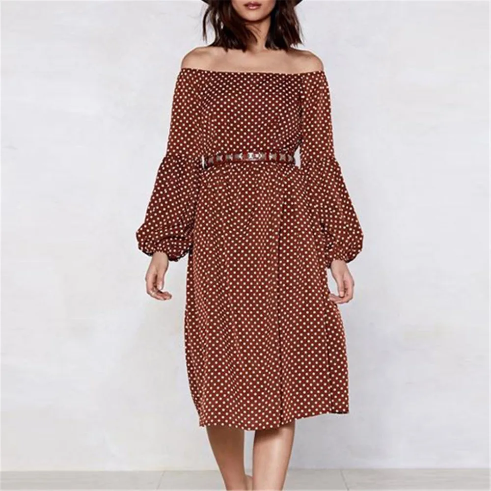 

Off shoulder long sleeve women dress Sexy polka dot autumn winter dress Loose brown casual dress streetwear 2018 W48
