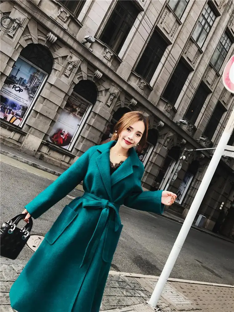 

Fashion Office Lady Long Woolen Winter Coats Belt Slim Solid Wool Coat and Jacket Turn-down Collar Ladies Coats