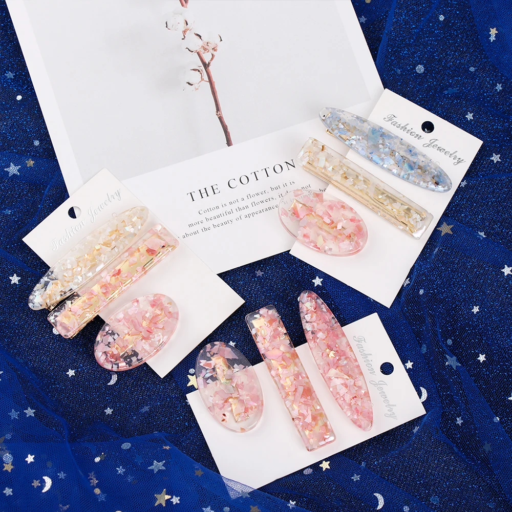 

1 Set Colorful Transparent Acetic Acid Hair Clips Women Shell Snowflake Sequins Geometric Rectangle Hairpins Hair Accessories