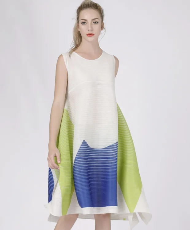 New Folding Design Digital Print Crash Dress Fashion Loose Miyake Pleated Dresses | Женская одежда