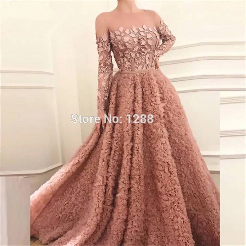

Elegant Muslim Evening Dresses 2019 A-line Long Sleeves Tulle Lace Long Islamic Dubai Saudi Arabic Long Formal Evening Gown