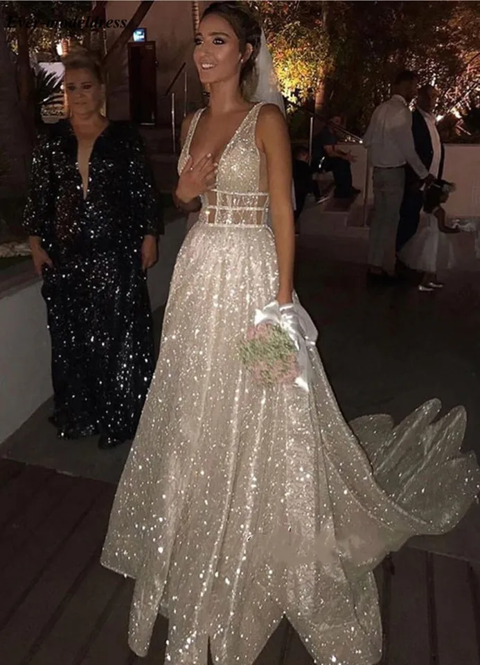 2020 Vestidos De Novia Brillantes Para Novia Cuello En V Espalda Abierta Rebordear Perlas Una Linea De Barrido Tren Modest Vestidos De Novia Vestido De Novia Vestidos De Novia Aliexpress