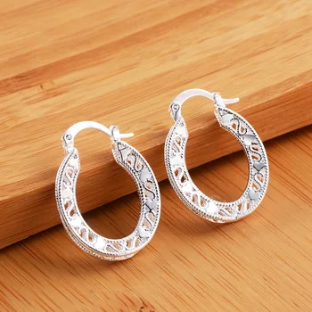 

2018 New retro real pure 925 stamped silver plated female fashion jewelry hollow Out Heart classic hoop earrings for women
