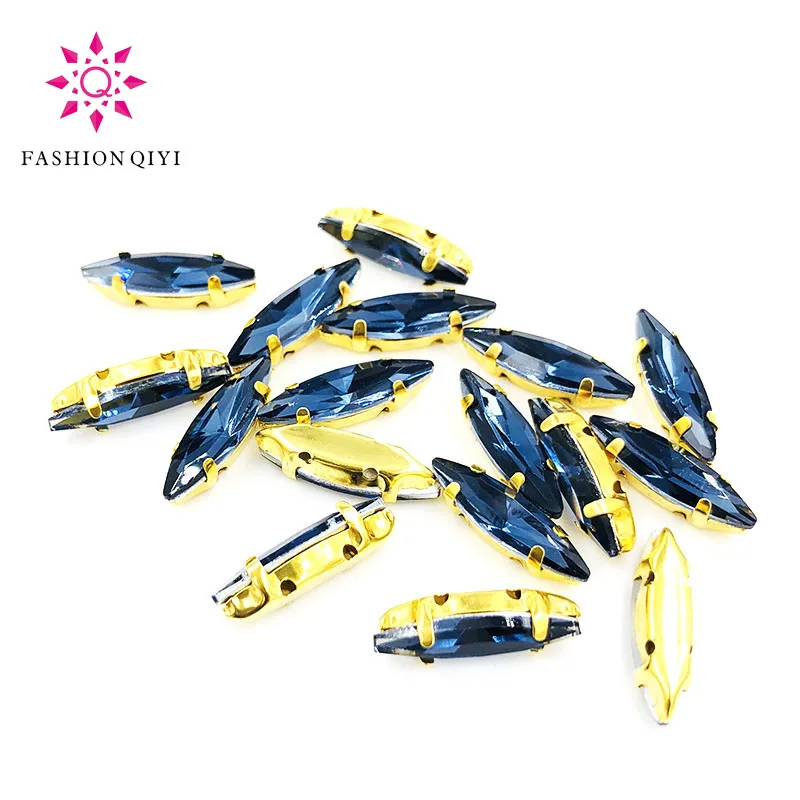 4x15mm Ink blue Horse eye shape 50pcs Glass Crystal Gold bottom sew on claw rhinestones with holes diy Sewing On Garment