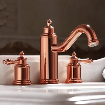 Online Best Luxury Rose Gold Brass Double Handle Three Holes Widespread Bathroom Sink Faucet High Quality Basin Vanity Mixer Tap