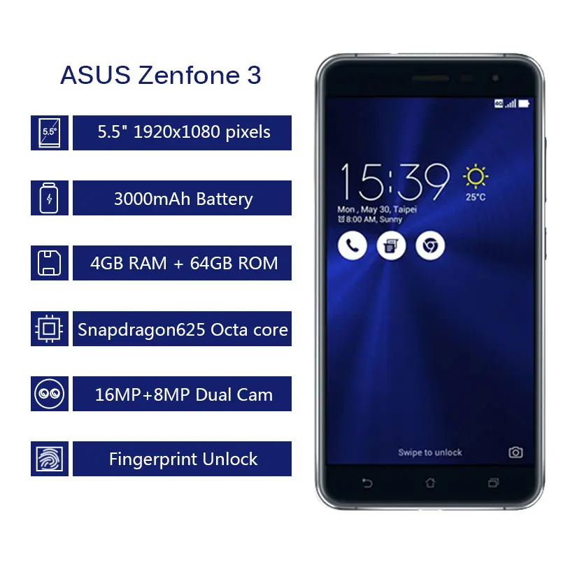 Мобильный телефон ASUS Zenfone 3 Ze552kl, 4G LTE, 5,5 дюймов, Восьмиядерный процессор Snapdragon 625, 4 Гб ОЗУ, 64 Гб ПЗУ, 16,0 Мп, сканер отпечатков пальцев
