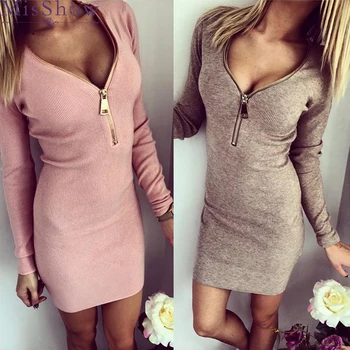 

Women Fashion Casual Long Pullover With Metal Zipper Regular Sleeves V-Neck Solid Long Sweater Basic Rib Knitted Cotton Tops