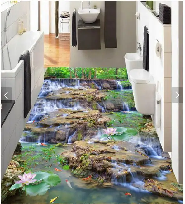 

3d pvc flooring bedroom custom photo waterproof floor sticker waterfall lotus carp decoration painting wallpaper for walls 3d