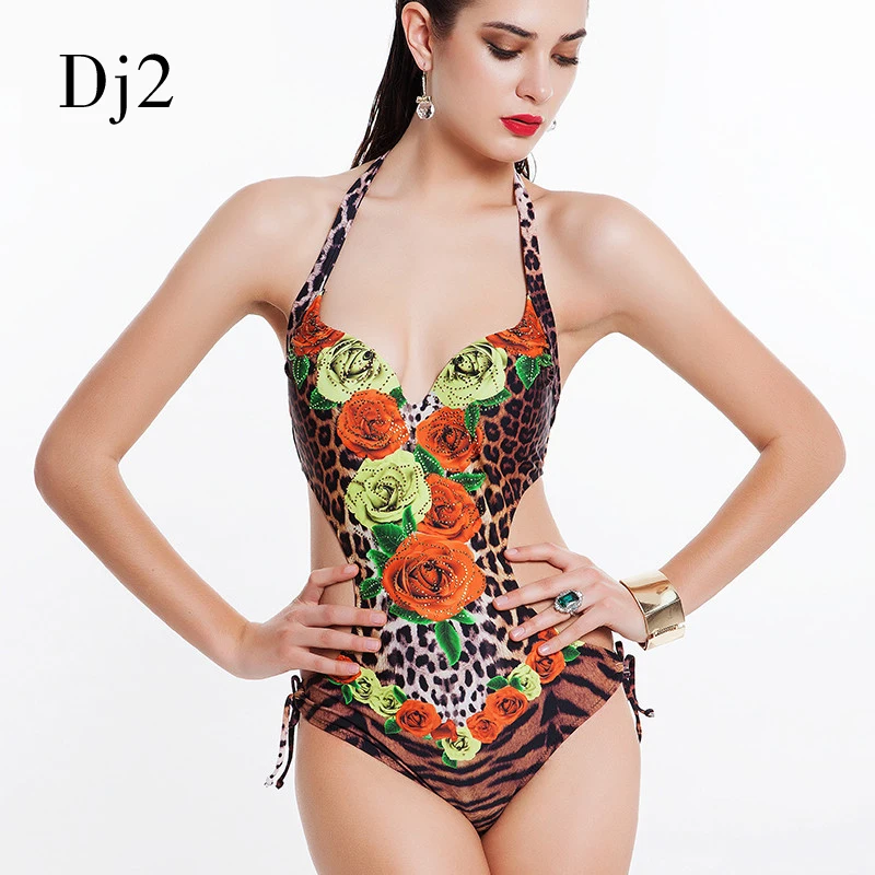 

Bling Diamond One Piece Swimsuit Sun Beach Sea Style Bandage Swimsuit Cut Out Floral Leopard Coffee Crystal Women Slim Monokini