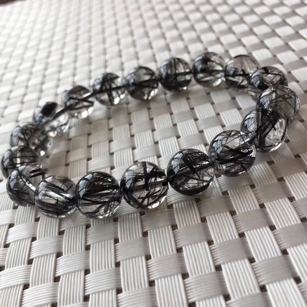 11.8mm Genuine Natural Black Hair Rutilated Quartz Crystal Bracelet Clear Round Beads Wealthy Stone Men From Brazil AAAAA
