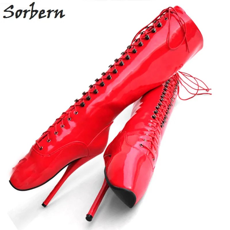 Sorbern 7 дюймов Связывание обувь балетные костюмы на высоком каблуке сапоги до середины икры для женщин стилеты кружево до боковая молния обувь пользовательские цвета