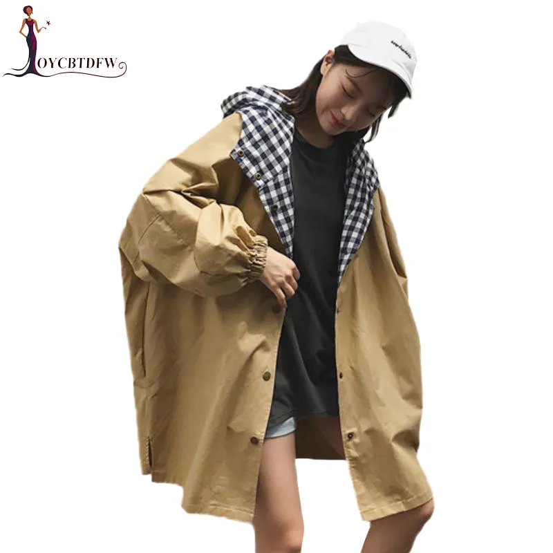 

Women Windbreaker 2018 Spring Loose Mid long Hooded Coat Lattice Bat sleeve Trench coat Autumn Large size Female Coat FASHION212