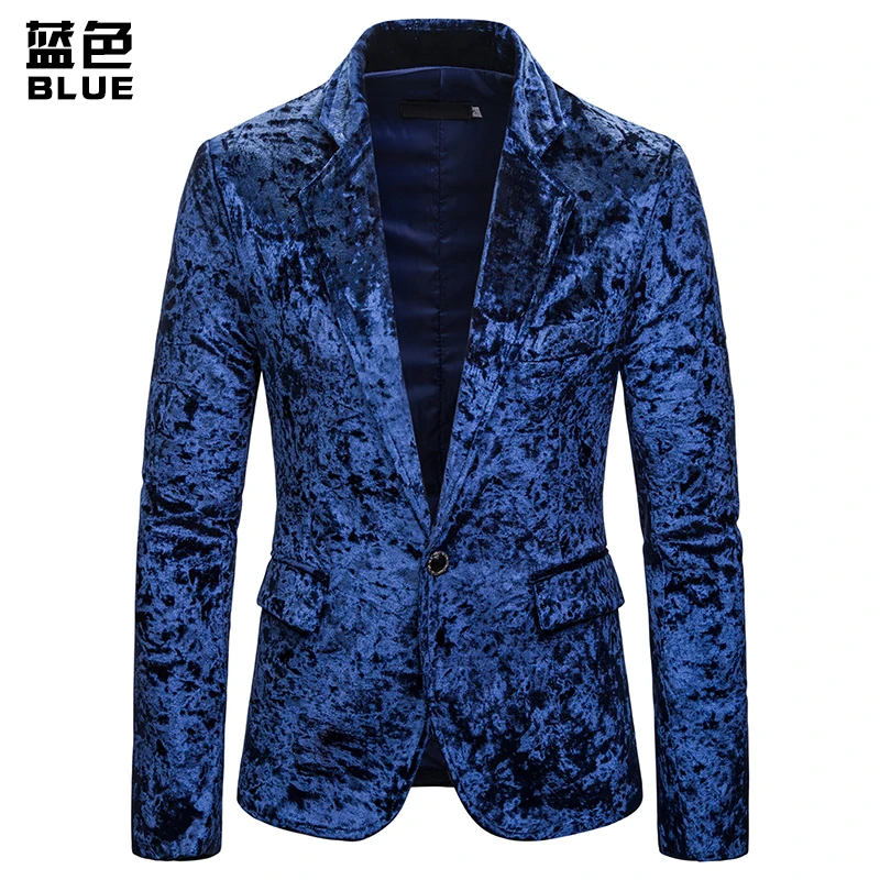 Fashion Men Casual Velvet Blazer Jacket Luxury Wedding Men Suit Jacket Slim Fit Bright Glossy Spring Autumn Outwear Coat - Цвет: blue