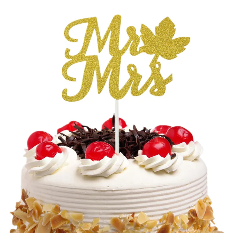 20pc/lot Cake Toppers Flags Glitter MR MRS Leaves Kids Birthday Cupcake Topper Wedding Bride Baby Shower Party Baking DIY Decor