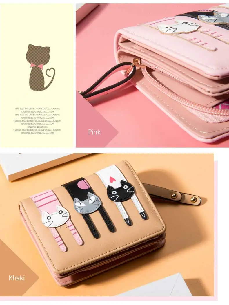 cute female wallets girls purses cat coin purse pu leather short wallet (2)