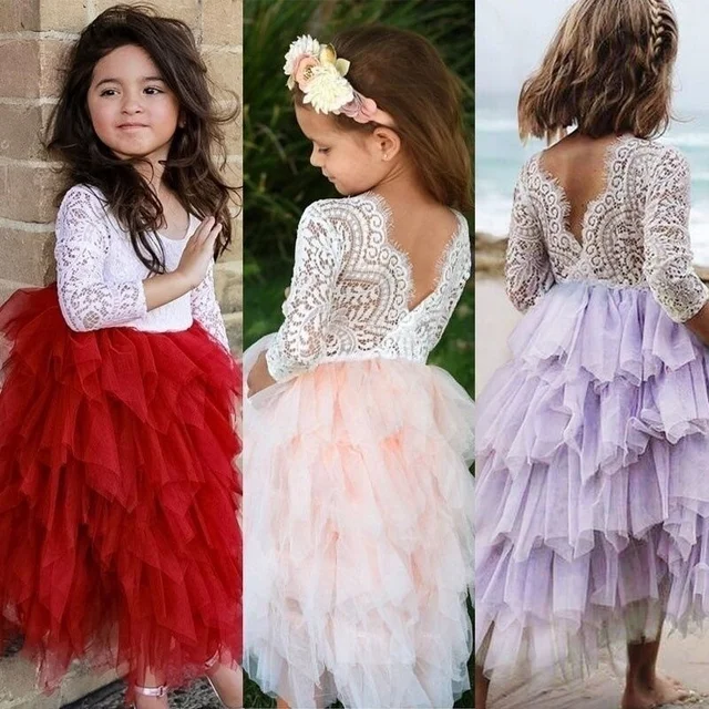 Summer Lace Girl Dress 2019 White Backless Girls Teenage Princess Dress Irregular Tutu 2-8 Years Pink Children Dresses Pink 5