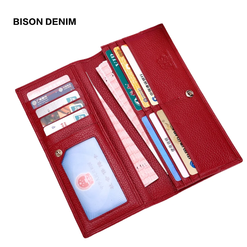 

BISON DENIM New Fashion Women's Cowhide Leather Wallet Causal Design Ladies Party Clutch Genuine Leather Purse Card Holder N3280