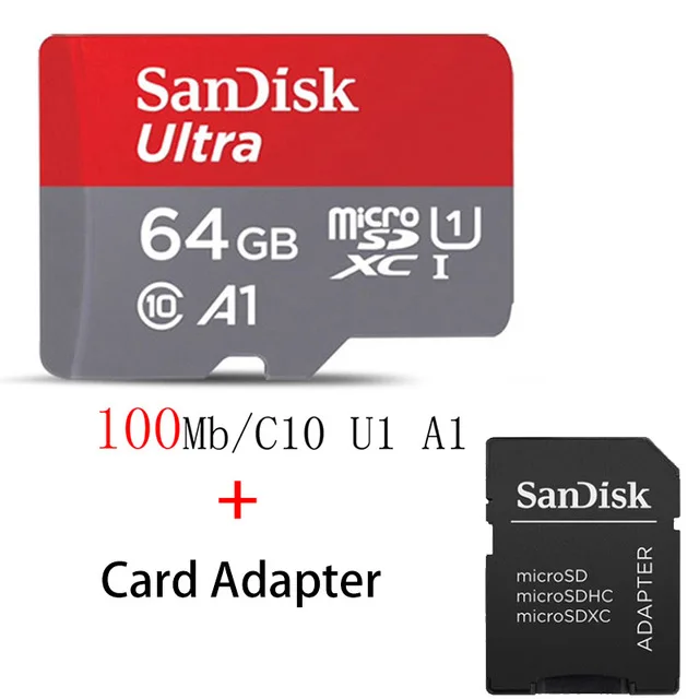 sandisk Micro SD 16 ГБ 32 ГБ 64 ГБ 128 ГБ 200 ГБ 256 Гб MicroSDHC/SDXC UHS-I Ultra C10 TF карта C4 16G 32G Cartao de Memoria - Емкость: A1-TF-100-64G-SD-Ada