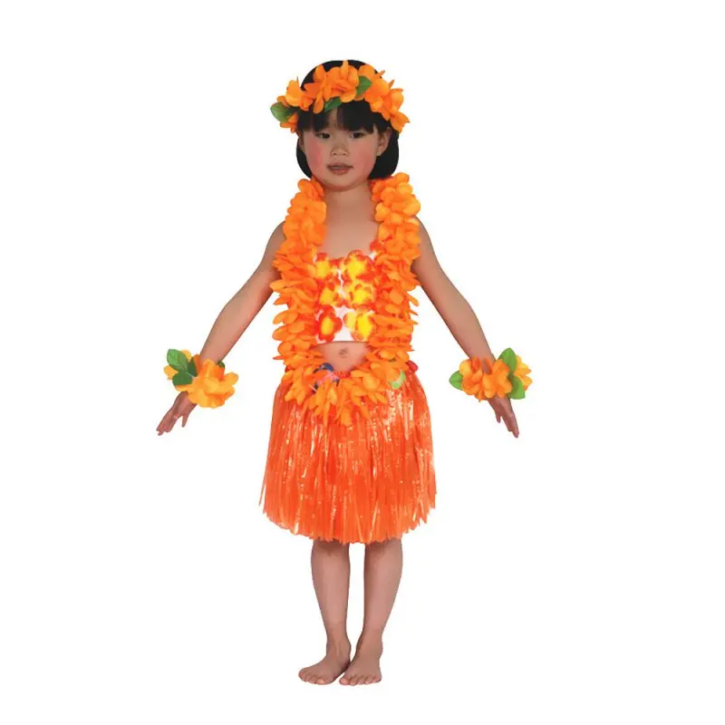 Kids Hawaiian Hula Grass Skirt Lei Headband Wristband Fancy Dance Dress Skirt
