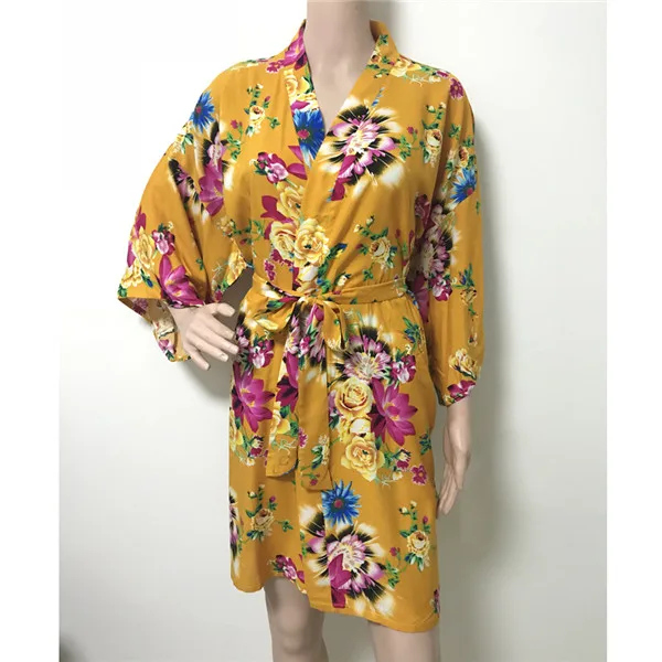 Yellow Women Cotton Wedding Bride Bridesmaid Robe Floral Bathrobe Short