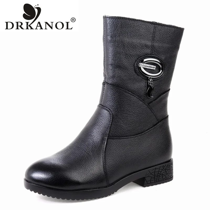 DRKANOL Women Winter Boots Genuine Leather Zipper Square Heel Thick Plush Warm Snow Boots Women Low Heel Mid Calf Boots