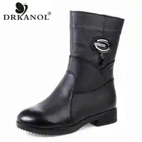 DRKANOL 2019 Women Winter Boots Genuine Leather Zipper Square Heel Thick Plush Warm Snow Boots Women Low Heel Mid Calf Boots
