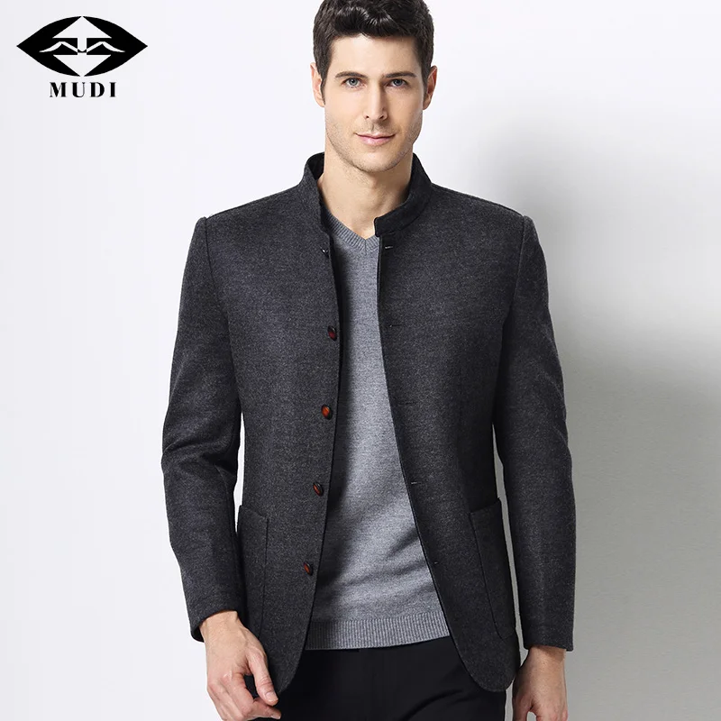 MUDI Brand Men Cool Autumn Stand Trench Wool Jackets Male Gentlemen