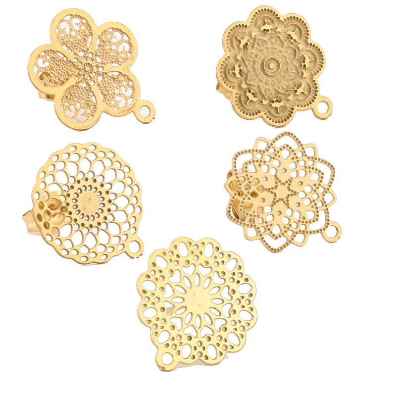 

10pcs 304 Stainless Steel Hollow Earring Stud Ear Post with Loop Gold Flower Earring Pad Base Posts DIY Earring Components