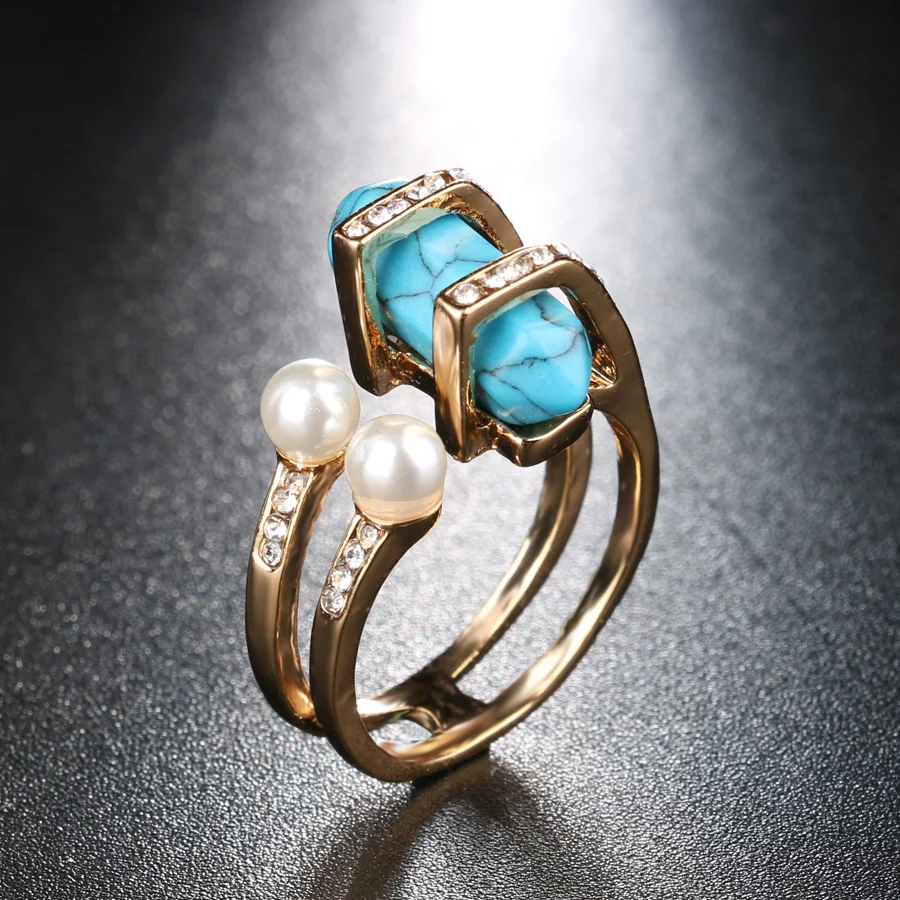 Богемные кольца золотого цвета для женщин, винтажные кольца с двойным искусственным жемчугом, женские кольца на палец