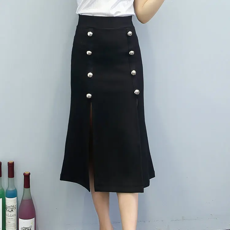 Women Casual Split Slim Skirts Double Breasted High Waist Female Woman