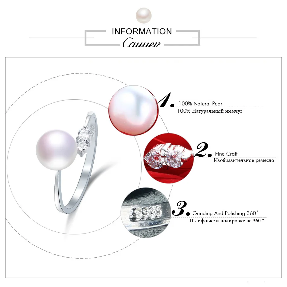 Cauuev, 8-9 мм, высокий блеск, натуральный пресноводный жемчуг, женские обручальные кольца, AAA блестящий кристалл, 925 пробы, серебряные ювелирные изделия