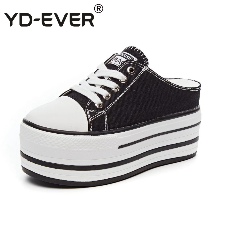 

YD-EVER 9cm canvas women shoes platform wedge super high heel casual shoes lace up slippers pumps black white